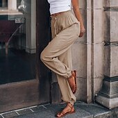 abordables jambe large et taille haute-Femmes Slacks Pantalons Occasionnel Longueur complète Naturel Uni Avec Poches Conception à cordon élastique Confortable Extérieur Fête Décontracté Quotidien Week-end Vin Noir Vert Claire Vert Véronèse