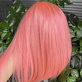 billige Parykker med blondefront, naturlig hår-Pink# Human Hair Wig 13*4 Short BOBO Lace Wig Straight Human Hair 150% Density