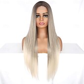 baratos Perucas Sintéticas sem Touca-Peruca loira ombré longa de aparência natural com raízes castanhas, sem cola, para mulheres, cabelo sintético liso e sedoso, resistente ao calor, 28 polegadas