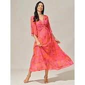 preiswerte Blumenkleider-Damen Maxidress A Linie Kleid Elegant Ausgestellter Ärmel kleid hochzeitsgast Cocktailparty Regular Fit Blumen 3/4 Ärmel V Ausschnitt Rote Sommer