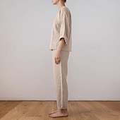 voordelige Stelt in-Dames Actief Basic Katoenen linnen overhemden Blouse Broeken Sets Lange mouw Strakke ronde hals Effen Kleur Buiten Uitgaan Blozend Roze Leger Groen Beige Zomer Normale pasvorm