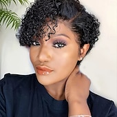 economico Parrucche lace front capelli veri-Parrucca bob con capelli umani, parrucche corte frontali in pizzo per donne nere, parrucca con capelli umani, taglio pixie, parrucca pre-pizzicata con parte a T e pizzo frontale con capelli per