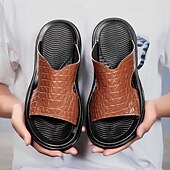 cheap Vacation Sandals-Men&#039;s Copper Faux Leather Slide Sandals with Embossed Crocodile Pattern and Black Cushioned Sole – Stylish Slip-On Sandals for Indoor Lounge, Poolside Relaxation, or Resort Wear