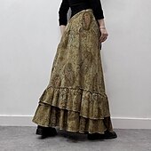 preiswerte Grafische Röcke-Damen Rock Rüschenrock Mode Boho Maxi Mittlere Hüfthöhe Röcke Blumen Rüsche Druck Mikroelastisch Urlaub Straße Braun Sommer Polyester