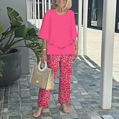 billige Blusedresser for kvinner-Damer 2 Deler Motemote Gateklesplagg Daglig Bukse Sett Halv Erme Crew Hals Blomster Grafisk Ferie Casual Daglig Rosa Blå Himmelblå Sommer Løs Fit