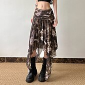 preiswerte Grafische Röcke-Damen Rock Mode Boho Midi Mittlere Hüfthöhe Röcke Blumen Unregelmäßiger Saum Druck Mikroelastisch Urlaub Straße Braun Sommer Polyester