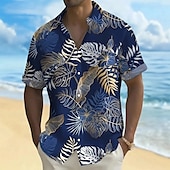 billige Tropiske planter-Herre Palmeblad Tropiske planter Hawaii skjorte Skjorte med knapper Aloha skjorte Kortermet Hawaiisk Ferie Strand Klær Sommer Vår Aftæpning 3D-utskrift krage skjorter Front One Lomme Svart Grønn