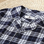 billiga Pyjamas-Herr Sovkläder Pyjamas set Pyjamastopp och byxa 1set Rutig Mode Stylish Klassisk Hem Dagligen Säng Bomull Komfort Mjuk Kavajslag Långärmad Cardigan Byxa Elastisk midja Vår Höst Vit + Svart Marinblå