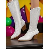 baratos Festa da Vida Noturna-Botas de cowboy femininas com strass - botas pretas de festa estilo western até o joelho com bico fino e salto grosso para festivais de música e eventos noturnos