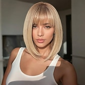 levne starší paruka-Blond bob paruky pro ženy, syntetická paruka s ofinou
