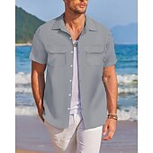preiswerte Herrenhemd zum Knöpfen-Herren Hemd Sommerhemd Freizeithemd Strandhemd Knopfhemd Rosa Wein Blau Grün Dunkel Blau Kurzarm Streifen Revers Urlaub Hawaiianisch Fronttasche Bekleidung Baumwollmischung Mode Lässig Bequem