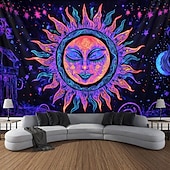 Недорогие Черные гобелены-Boho ткань с черным светом светящаяся в темноте вечеринка УФ-реактивное солнце и луна триппи туманные грибы природный пейзаж подвесная ткань настенное искусство фреска для гостиной спальни