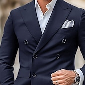 billiga Herrars klassiska kavajer-kavaj för män sportrock formell bröllopsdag elegant mode marinblå preppy blazer vår &amp;amp;  höst polyester enfärgad knapp metall dubbelknäppt kavaj