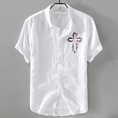 preiswerte Business Casual-Herren Leinenhemd Freizeithemd Baumwoll-Leinen-Hemd Knopfhemd Muster Urlaub Straße Weiß Dunkelmarine Himmelblau Khaki Kurzarm Revers Sommer Bekleidung Schnalle