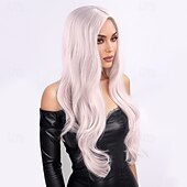 baratos Perucas Sintéticas sem Touca-Perucas sintéticas Ondulado Ondas Soltas Corte em Camadas Com Franjas Fabrico à Máquina Peruca 28 polegadas A1 Cabelo Sintético Mulheres Elástico Clássico Confortável Branco