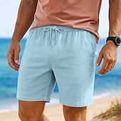 baratos Feriado-Homens Shorts de algodão e linho Calção Shorts de verão Shorts de praia Bolsos Com Cordão Cintura elástica Côr Sólida Conforto Respirável Comprimento do joelho Casual Diário Feriado Férias Moda Preto