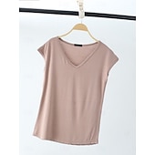 billige Plain t-skjorte-Dame Bluse Helfarge Stilfull Fritid Kortermet V-hals Vanlige topper Daglig Svart Hvit Rosa Rød Marineblå Sommer Vår
