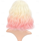 voordelige Synthetische trendy pruiken-Ombre 2-tone kleur krullende bob pruik met luchtpony natuurlijke krullende golvende korte bob pruiken schouderlange pruiken synthetische cosplay voor meisjes kleurrijke pruiken 12&#039;&#039; blond tot roze