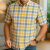 cheap Men&#039;s Non Iron Shirts-Men&#039;s Dress Shirt Casual Shirt Plaid  Check Shirt  Graphic Prints Square Neck Light Yellow Light Pink Black / Gray White / Green Sea Blue Casual Daily Short Sleeve collared shirts Clothing Apparel