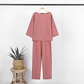 voordelige Stelt in-Dames Actief Basic Katoenen linnen overhemden Blouse Broeken Sets Lange mouw Strakke ronde hals Effen Kleur Buiten Uitgaan Blozend Roze Leger Groen Beige Zomer Normale pasvorm