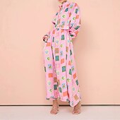 economico abiti stampati in cotone e lino-Per donna Abito Lungo Maxi Abito Abiti in cotone e lino Vestito Casual Moda All&#039;aperto Feste Ferie Vestibilità regolare Dipinto Manica Lunga Colletto a Camicia Rosa Estate