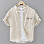 baratos Camisa Algodão Linho-Homens Camisa Social Camisa de linho Camisa casual camisa de botão Camisa de algodão Tecido Férias Rua Branco Azul Marinha Azul Marron Manga Curta avô Verão Roupa Bolsos