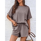 billiga Blusdräkter för kvinnor-Dam Set med shorts Bolero Top Kortärmad Rund hals Ensfärgat Snörning Mode Streetwear Ledigt Dagligen Utomhus Blå Svart Brun Sommar Lös passning