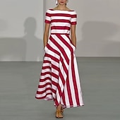 halpa Raidallinen ja geometrinen mekko-Naisten Pitkä mekko Maxi mekko Rento mekko Kellomekko Muoti ulko- Juhla Pyhäpäivä Normaali Raidoitettu Lyhythihainen Olkaimeton Musta Rubiini Sininen Kesä