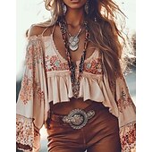 olcso Boho felsők-Női Western blúz Boho ing Blúz Virág Alkalmi Boho Hosszú ujj V-alakú Normál felsők Napi Szabadság Alkalmi Nyomtatott Arcpír rózsaszín Nyár