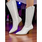 baratos Festa da Vida Noturna-Botas de cowboy femininas com strass - botas pretas de festa estilo western até o joelho com bico fino e salto grosso para festivais de música e eventos noturnos