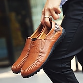 tanie Buty casual slip-on-męskie, brązowe, swobodne mokasyny z cholewką z miękkiej skóry ekologicznej, ręcznie szytymi detalami i wytrzymałą gumową podeszwą – idealne do codziennego noszenia i aktywności na świeżym powietrzu