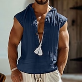 cheap Home-Men&#039;s Shirt Linen Shirt Viking Style Popover Shirt Summer Shirt Beach Wear Solid Color Vacation Home Black Navy Blue Sky Blue Green Sleeveless Hoodie Summer Spring Clothing Apparel