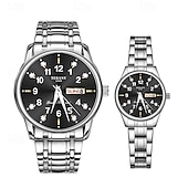 baratos Relógios Quartz-Conjunto de relógio de quartzo para casal, 2 peças – mostrador digital redondo, à prova d&#039;água ipx7, ponteiros luminosos, calendário duplo (data e dia), pulseira de liga, estilo empresarial unissex, ideal para encontros e presentes