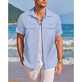 preiswerte Herrenhemd zum Knöpfen-Herren Hemd Sommerhemd Freizeithemd Strandhemd Knopfhemd Rosa Wein Blau Grün Dunkel Blau Kurzarm Streifen Revers Urlaub Hawaiianisch Fronttasche Bekleidung Baumwollmischung Mode Lässig Bequem