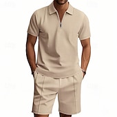voordelige Klassieke polo voor heren-Voor heren Wafel Poloshirts Polo met kwartrits Dagelijks Feestdagen Revers Korte mouw Modieus Basic Effen 2-stuks Zomer Normale pasvorm Zwart Wit Marineblauw Koningsblauw Groen Khaki Wafel Poloshirts
