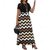preiswerte Streifen- und geometrisches Kleid-Damen Maxikleid A Linie Kleid Sommerkleid Lässig Täglich Normale Passform Geometrisch Kurzarm Rundhalsausschnitt Gelb Sommer