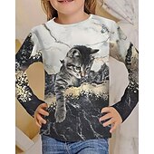 billiga Flickans 3D-djur-Flickor 3D Djur Katt T-shirt Långärmad Vår Höst Mode Grundläggande Barn 4-12 år Rund hals Utomhus Ledigt Dagligen Normal