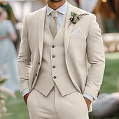 preiswerte Hochzeitsanzüge-Herren Hochzeit Leinenanzüge Himmelblau Salbei Mode Formell Einfarbig Standard Passform 3-teilig Einreihige Zwei-Knopf-Jacke