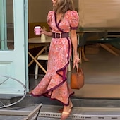 baratos Vestidos Estilo Boho-Mulheres Vestido Longo Vestido Maxi Vestido casual Vestido Swing Vestido Boho Moda Ao ar livre Festa Feriado Normal Flor Manga Curta Decote V Rosa Verão