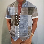 voordelige Geometrisch patroon-Voor heren Geometrisch Kleurenblok Lapwerk Overhemd Overhemd met knopen Overhemd met staande kraag Korte mouw Mode-casual Vakantie Dagelijks Zomer Lente Mandarijn Kraag 3D-afdrukken Linnenachtig shirt