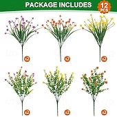 baratos Plantas e Flores Artificiais-12 maços de flores artificiais para áreas externas, eucalipto artificial, violeta e margarida, plantas artificiais resistentes a raios UV para jardim, decoração de casa, acessórios para fotografia,
