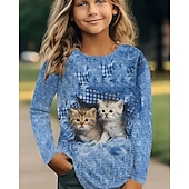 billiga Flickans 3D-djur-Flickor 3D Djur Katt T-shirt Långärmad Vår Höst Mode Grundläggande Barn 4-12 år Rund hals Utomhus Ledigt Dagligen Normal
