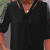 abordables Hauts en dentelle-Femmes Chemise Chemisier Uni Moderne Demi Manches Col en V Hauts Réguliers Fête Sortir Dentelle Patchwork Noir Été
