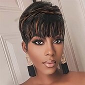 economico Parrucche di altissima qualità-Parrucche pixie cut per donne nere, parrucca sintetica, parrucca pixie cut, parrucche corte a strati, piene con frangia nera