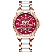 baratos Relógios Quartz-Relógio feminino de quartzo em ouro rosa – mostrador retrô à prova d&#039;água com diamantes e ponteiros luminosos, pulseira de aço inoxidável