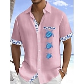 economico Vacanza-Per uomo Camicia Camicia di lino Camicia Estiva Camicia da Spiaggia Camicia con Bottoni Tartaruga Vacanza Ferie Bianco Rosa Azzurro cielo Verde Manica Corta Collo ripiegato Estate Abbigliamento Tasca