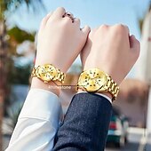 baratos Relógios Quartz-Conjunto de relógio de quartzo para casal, 2 peças – mostrador digital redondo, à prova d&#039;água ipx7, ponteiros luminosos, calendário duplo (data e dia), pulseira de liga, estilo empresarial unissex, ideal para encontros e presentes