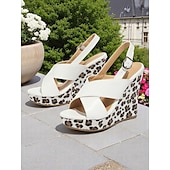 levne Sandály na dovolenou-Dámské bílé sandály na klínku s kříženými pásky – leopardí vzor, platforma, slingbacks na letní párty a plážové nošení