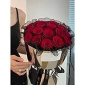 baratos Plantas e Flores Artificiais-Embalagem de presente de flores com luz LED, material de embrulho de gaze ondulada para buquê, caixa de presente de pirulito para casamento, festa, aniversário