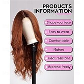 economico Parrucche trendy sintetiche-Parrucche lunghe ondulate color rame per donna, parrucca riccia con riga centrale, parrucca in fibra resistente al calore per uso quotidiano